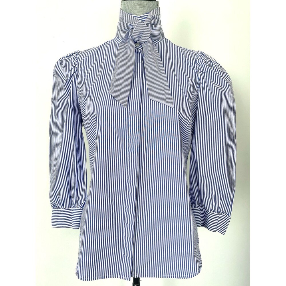 J. Crew x Thomas Mason Blue/White Striped Bow-Tie Blouse Sz 8 Puff Sleeve Preppy